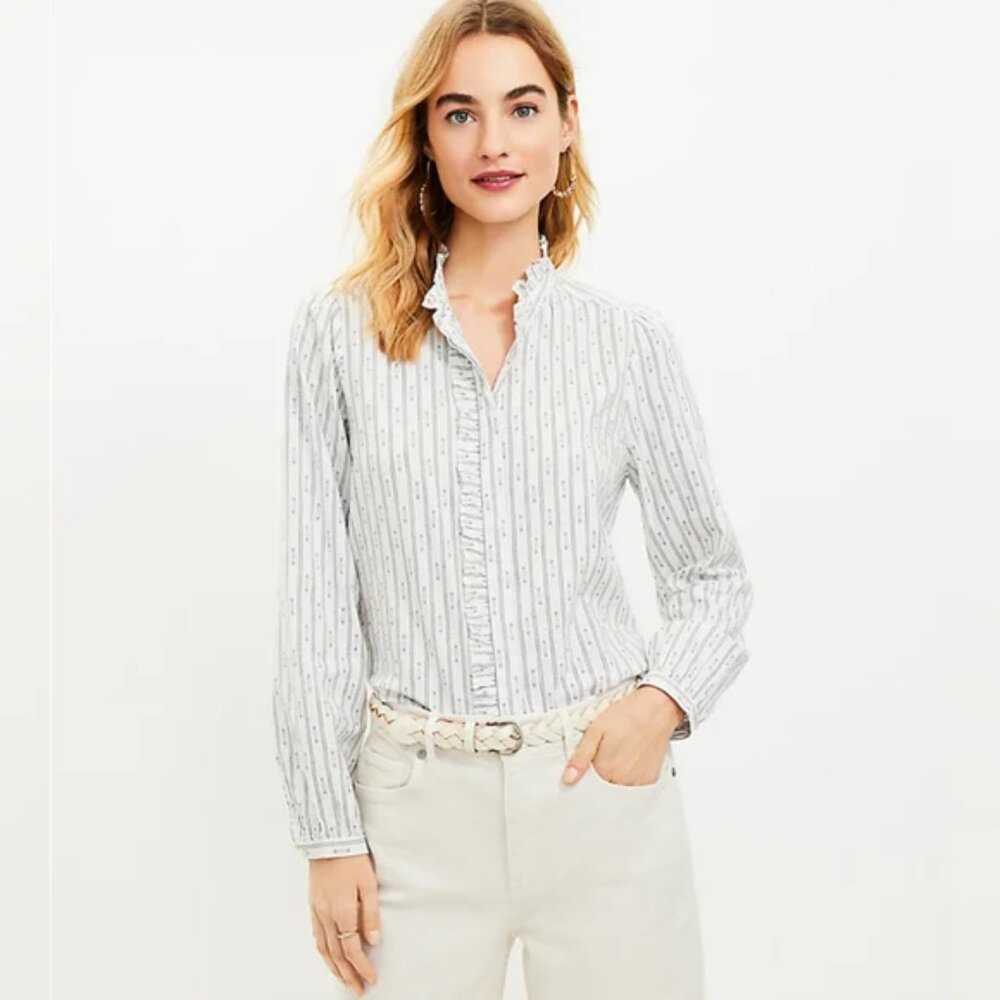 NWT Button Down Clip Ruffle Shirt in Winter White- Size Small